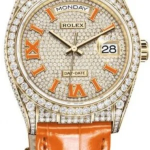 Rolex Day-Date 36 Orange Alligator Strap Pave Dial 128158rbr