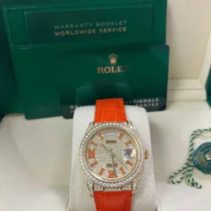 Rolex Day-Date 36 Orange Alligator Strap Pave Dial 128158rbr